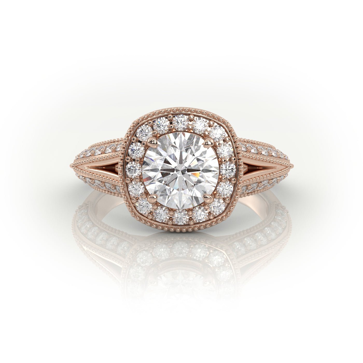 18K Gold 4 Prong Round Cut Diamond Halo Style Engagement Ring With Milgrain Details - shemesh_diamonds