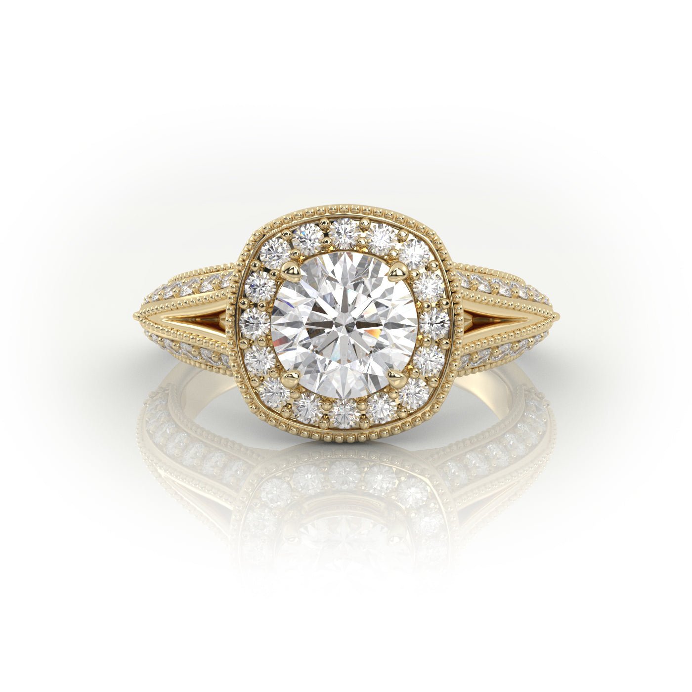 18K Gold 4 Prong Round Cut Diamond Halo Style Engagement Ring With Milgrain Details - shemesh_diamonds