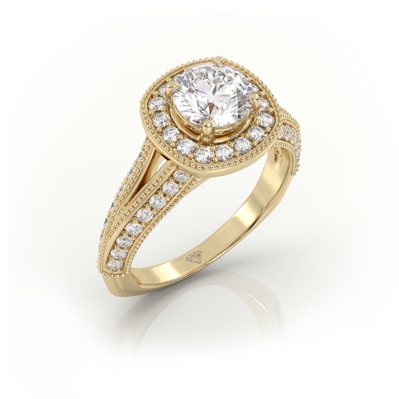 18K Gold 4 Prong Round Cut Diamond Halo Style Engagement Ring With Milgrain Details - shemesh_diamonds