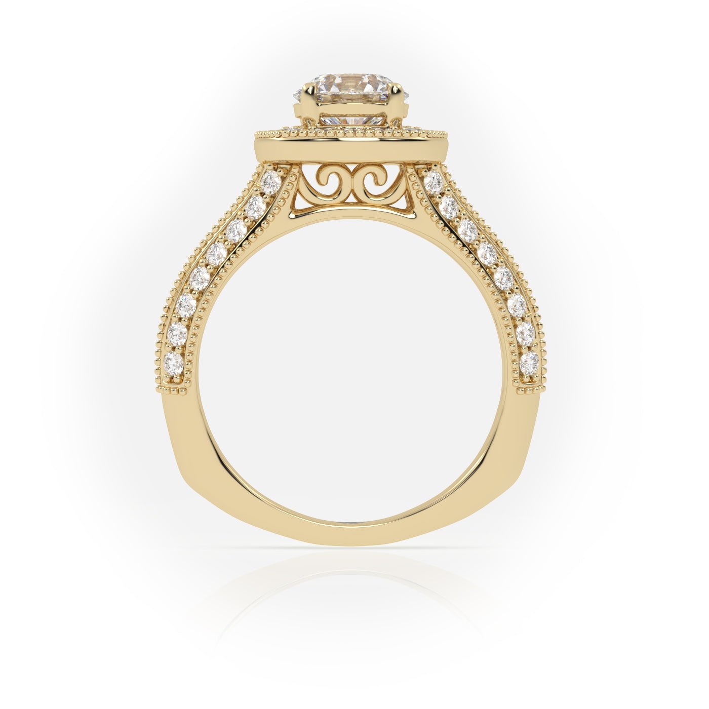 18K Gold 4 Prong Round Cut Diamond Halo Style Engagement Ring With Milgrain Details - shemesh_diamonds