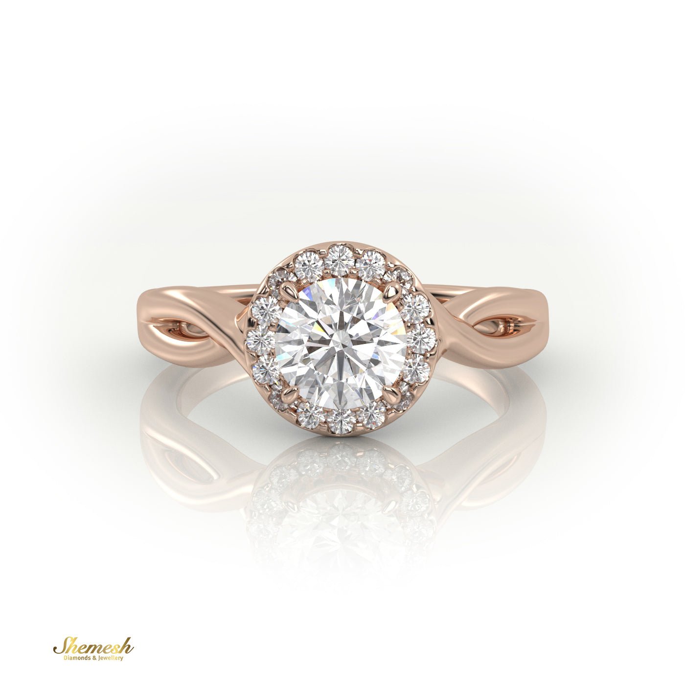 18K Gold 4 Prongs Round Cut Halo Designer Engagement Ring with Twisted Band - shemesh_diamonds