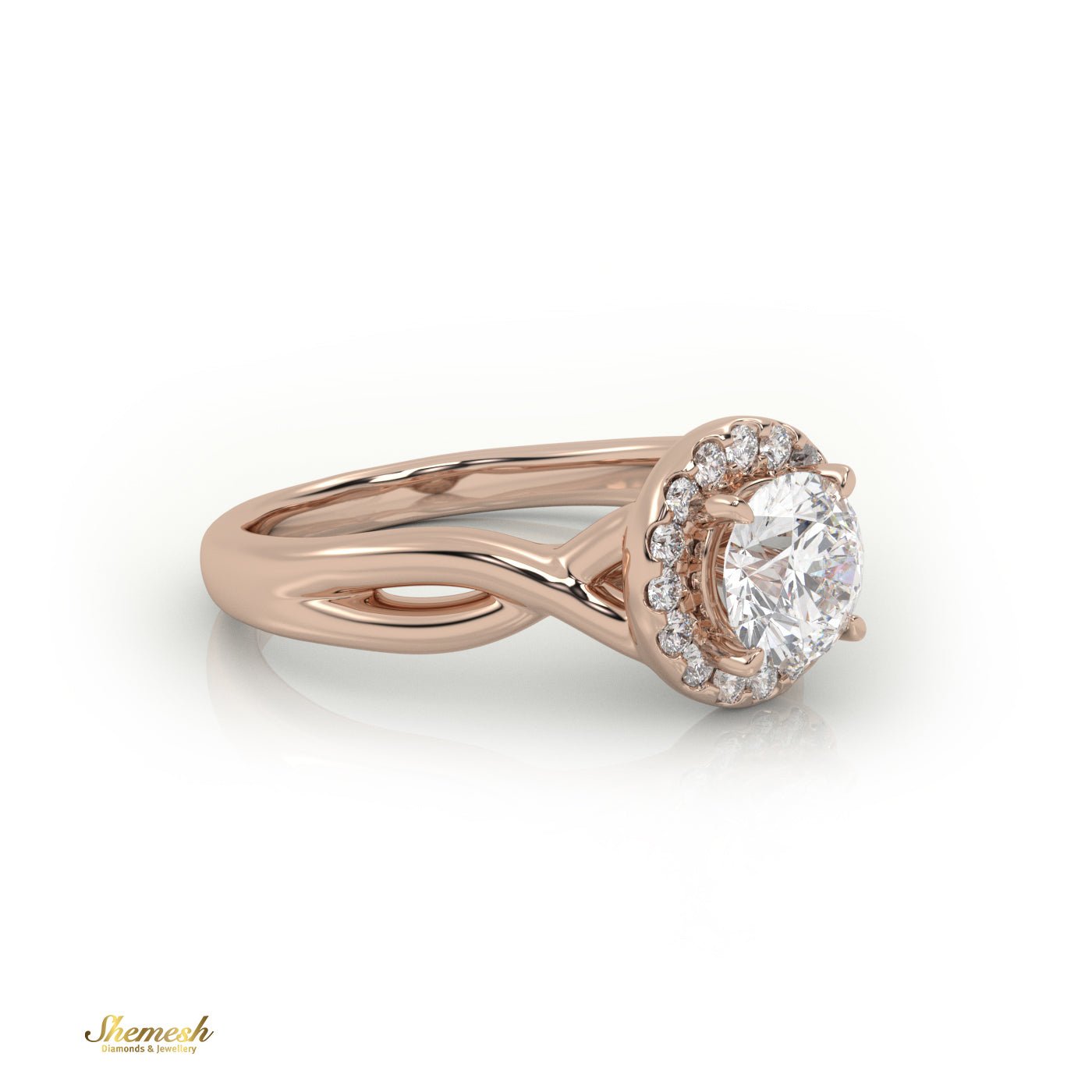 18K Gold 4 Prongs Round Cut Halo Designer Engagement Ring with Twisted Band - shemesh_diamonds