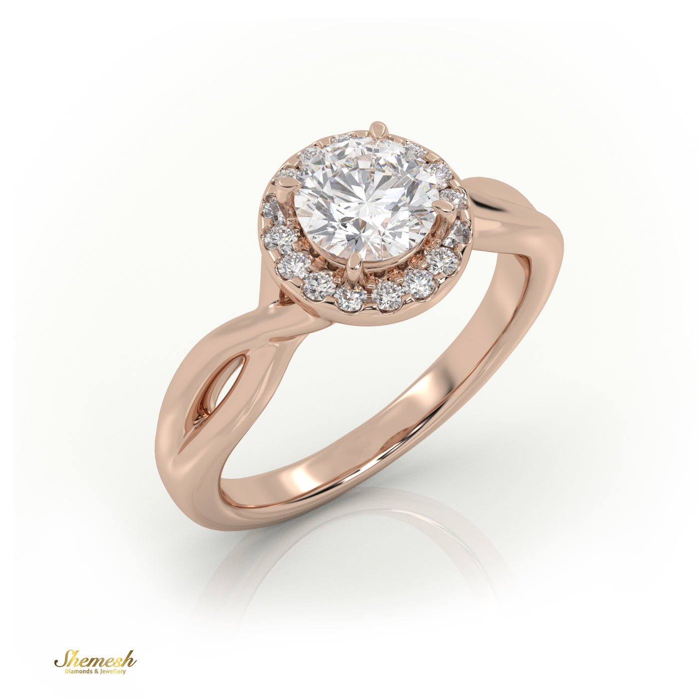 18K Gold 4 Prongs Round Cut Halo Designer Engagement Ring with Twisted Band - shemesh_diamonds