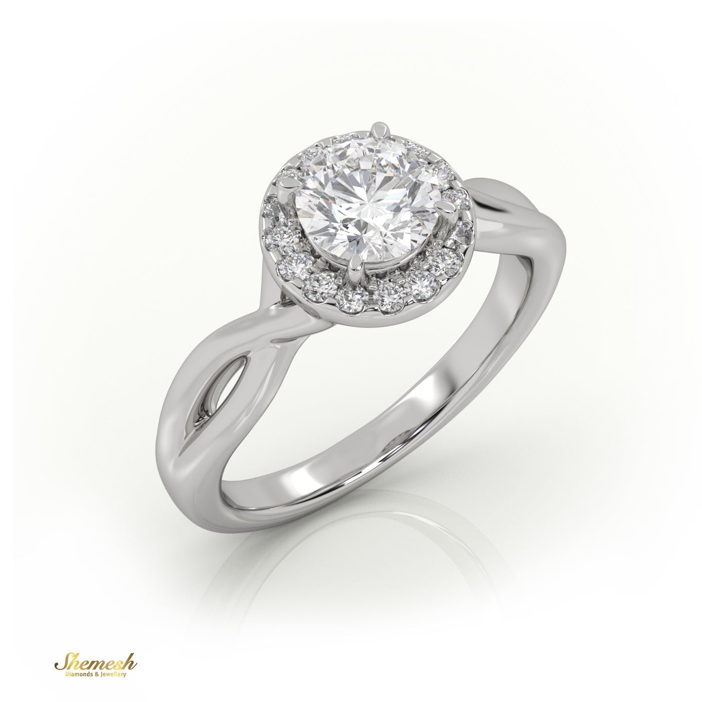 18K Gold 4 Prongs Round Cut Halo Designer Engagement Ring with Twisted Band - shemesh_diamonds