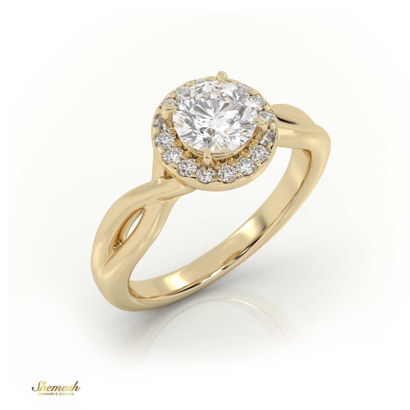 18K Gold 4 Prongs Round Cut Halo Designer Engagement Ring with Twisted Band - shemesh_diamonds