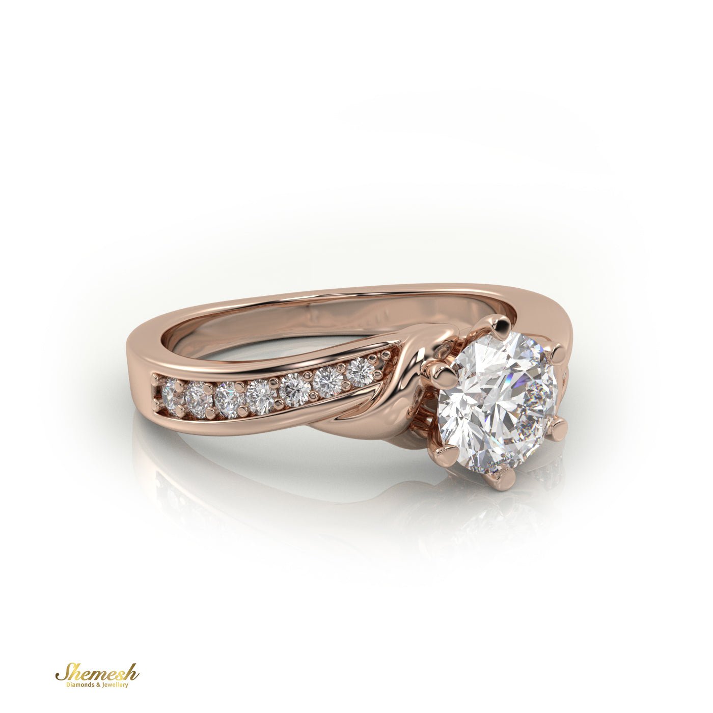 18K Gold 6 Prongs Round Cut Diamond Engagement Ring With Channel Set Band - shemesh_diamonds