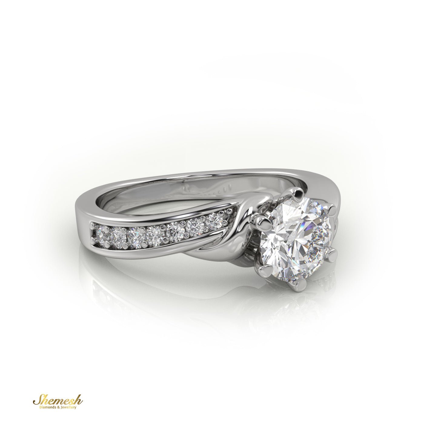 18K Gold 6 Prongs Round Cut Diamond Engagement Ring With Channel Set Band - shemesh_diamonds