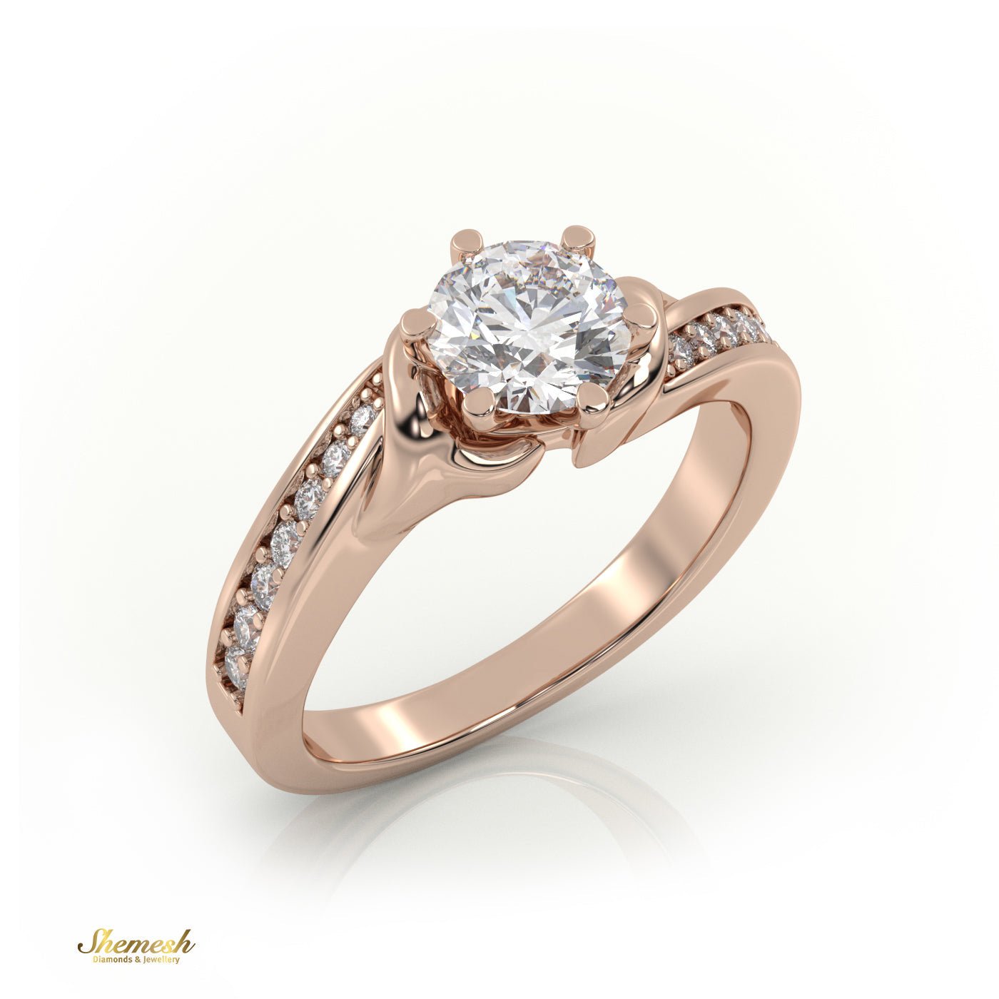 18K Gold 6 Prongs Round Cut Diamond Engagement Ring With Channel Set Band - shemesh_diamonds