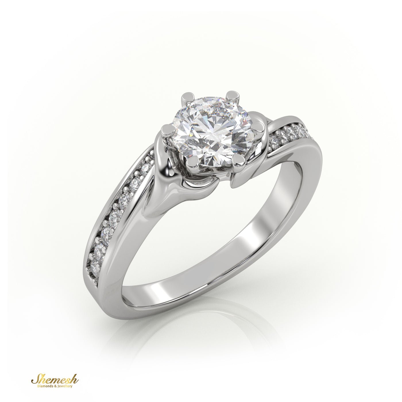 18K Gold 6 Prongs Round Cut Diamond Engagement Ring With Channel Set Band - shemesh_diamonds