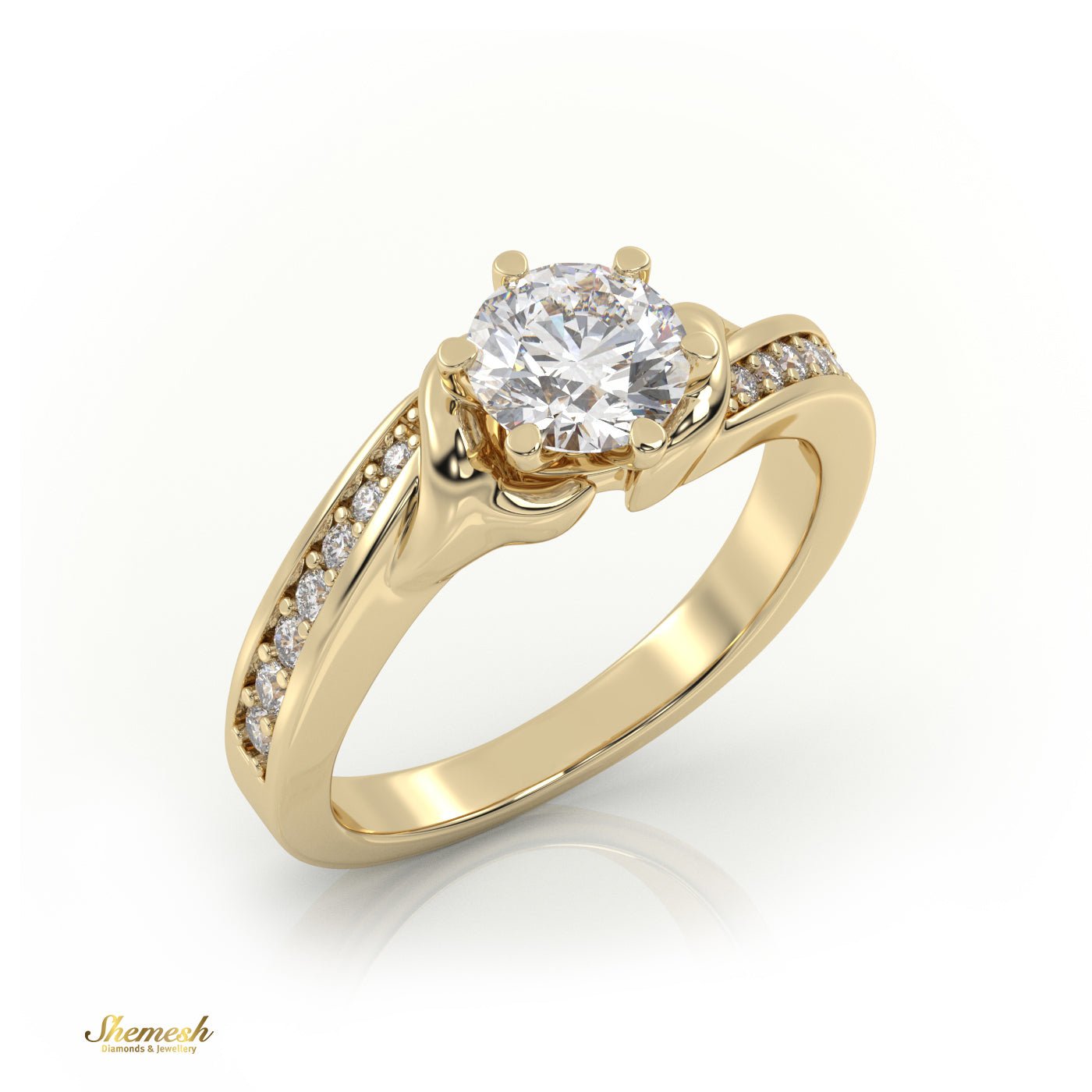 18K Gold 6 Prongs Round Cut Diamond Engagement Ring With Channel Set Band - shemesh_diamonds