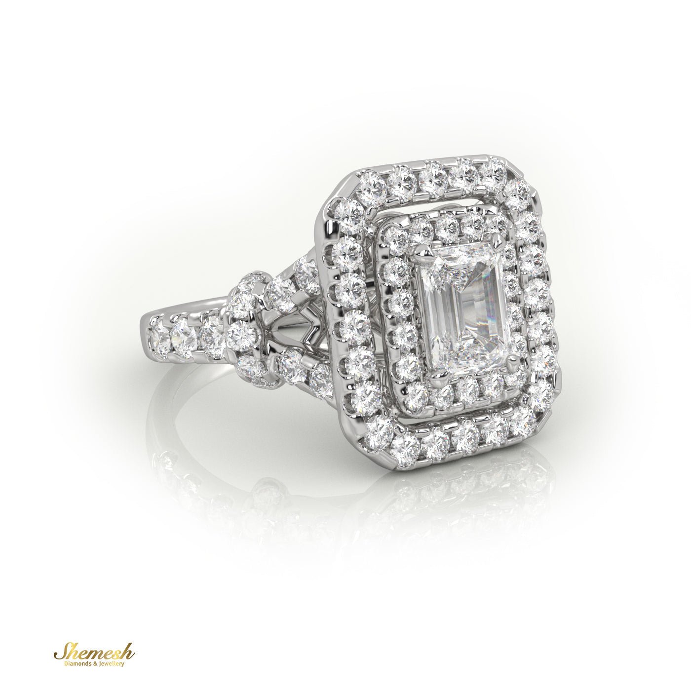 18k Gold 4 Prongs Radiant & Round Diamond Halo Engagement Ring with Pave set band - shemesh_diamonds