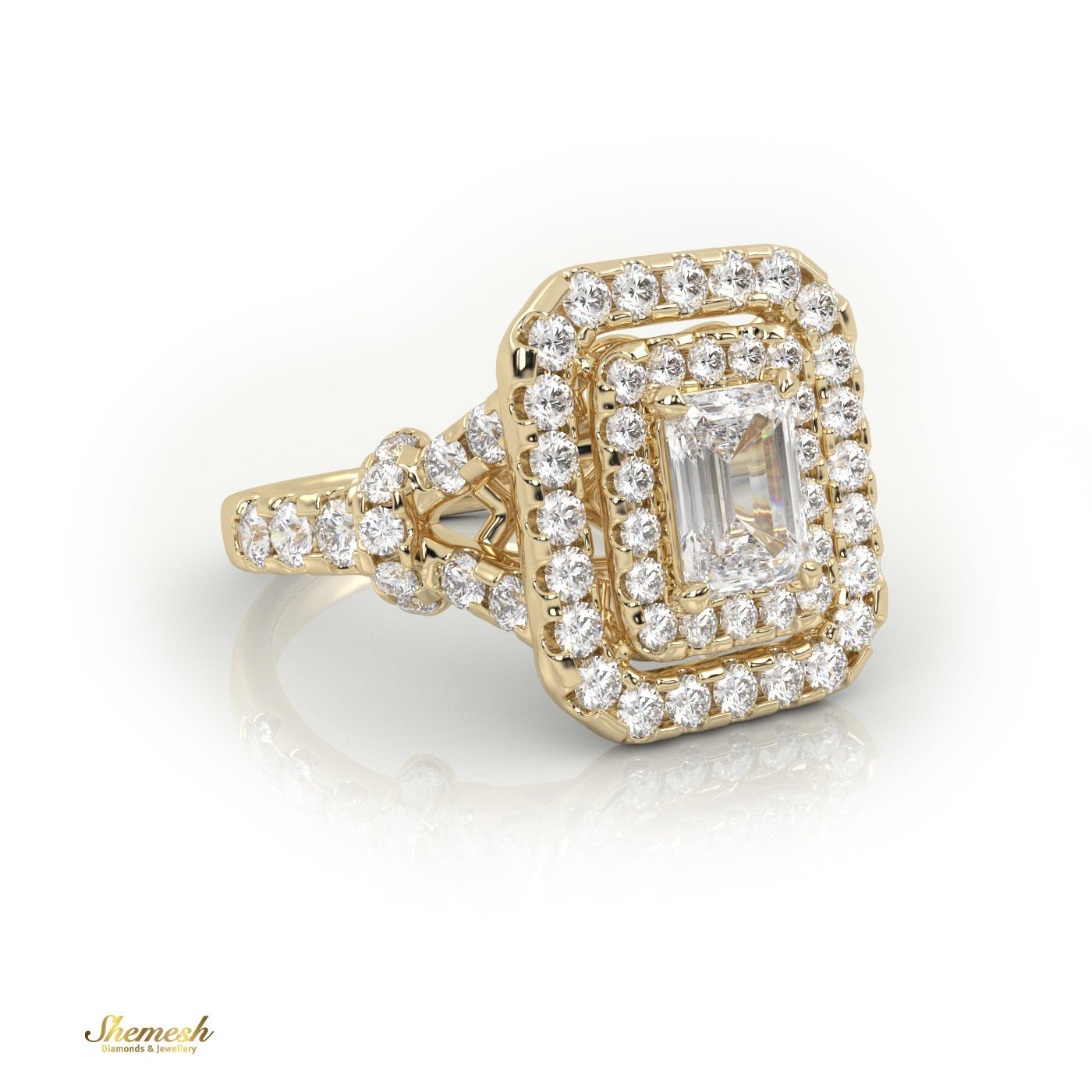 18k Gold 4 Prongs Radiant & Round Diamond Halo Engagement Ring with Pave set band - shemesh_diamonds