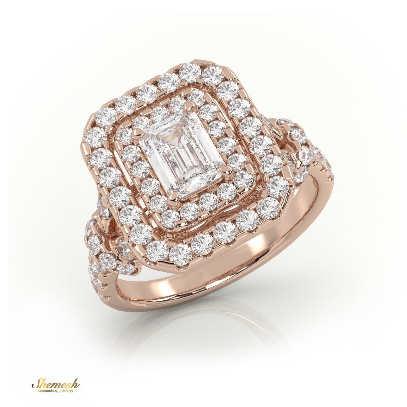 18k Gold 4 Prongs Radiant & Round Diamond Halo Engagement Ring with Pave set band - shemesh_diamonds