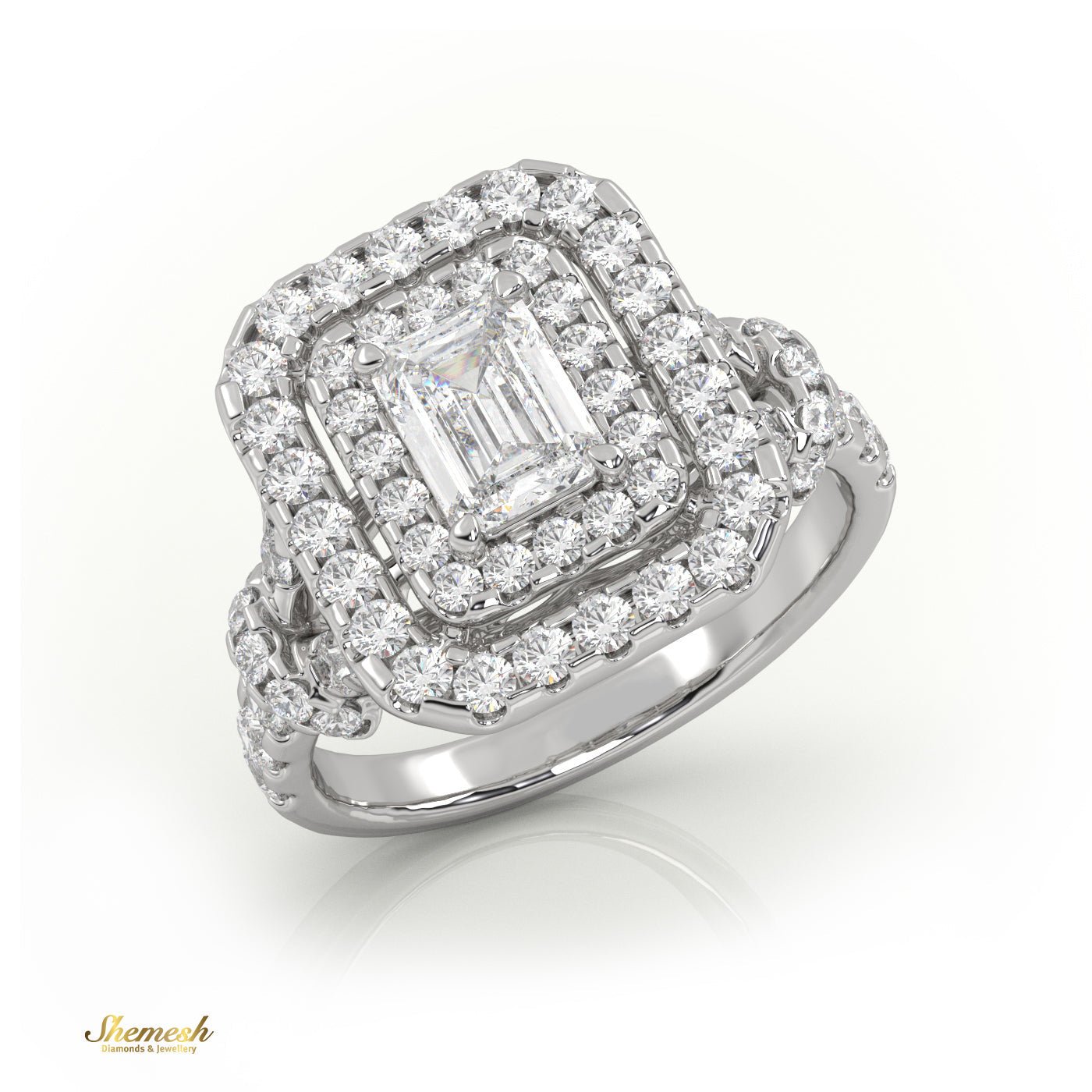 18k Gold 4 Prongs Radiant & Round Diamond Halo Engagement Ring with Pave set band - shemesh_diamonds