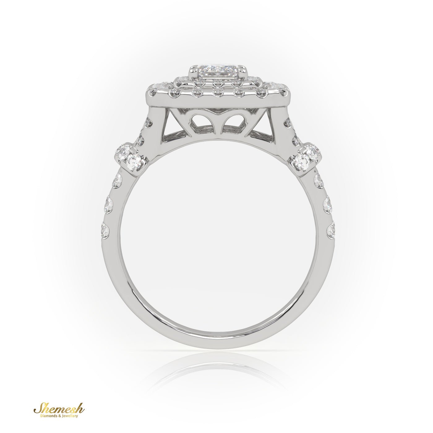 18k Gold 4 Prongs Radiant & Round Diamond Halo Engagement Ring with Pave set band - shemesh_diamonds