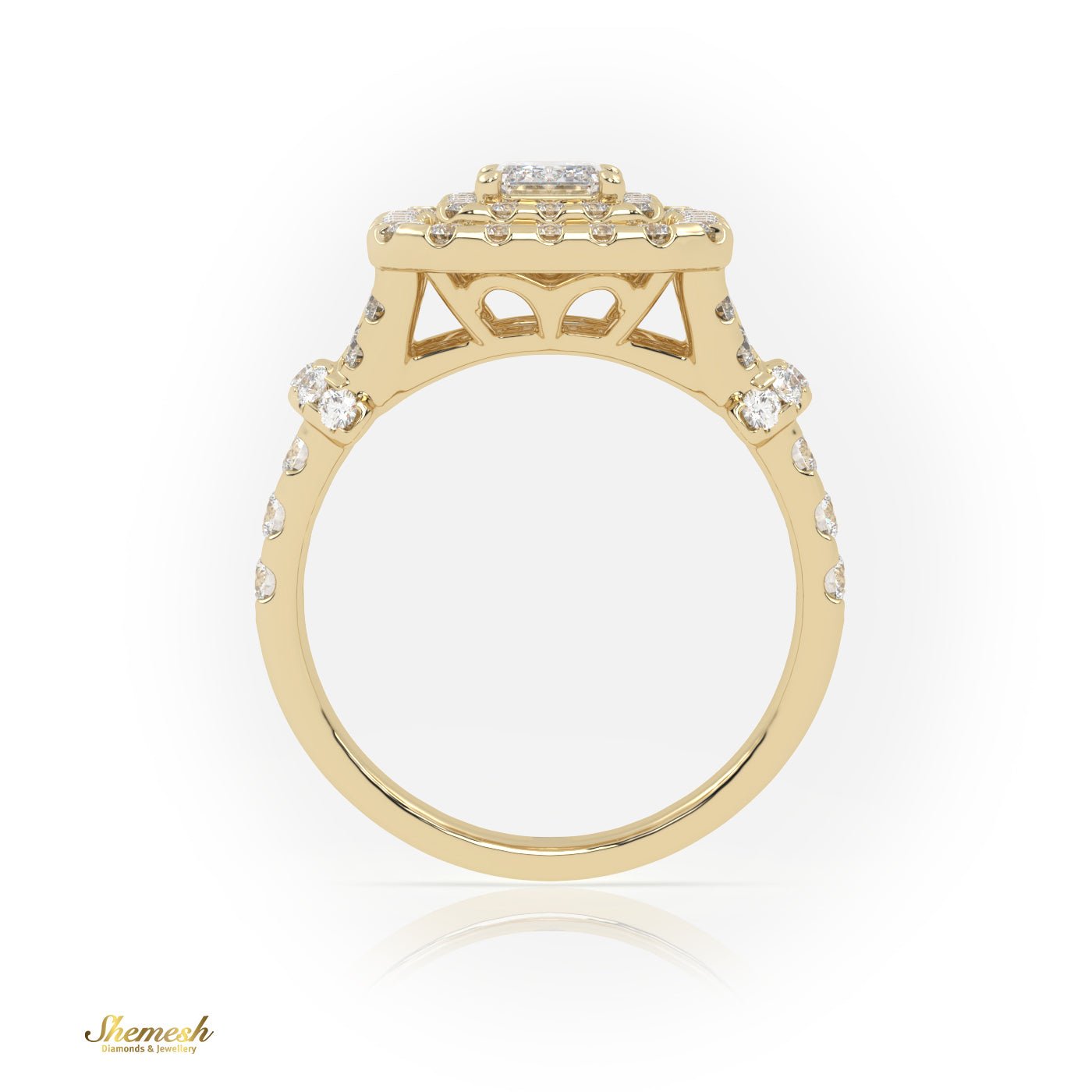 18k Gold 4 Prongs Radiant & Round Diamond Halo Engagement Ring with Pave set band - shemesh_diamonds