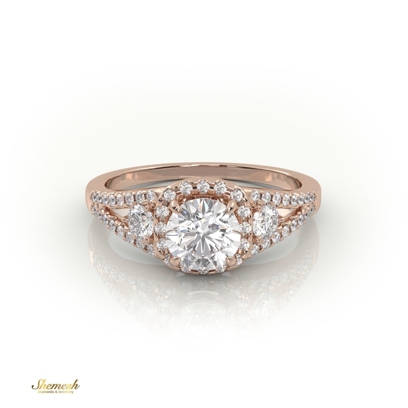 18k Gold 4 Prong Round Diamond Halo Style Engagement Ring with Side stones & Pave Set Band - shemesh_diamonds