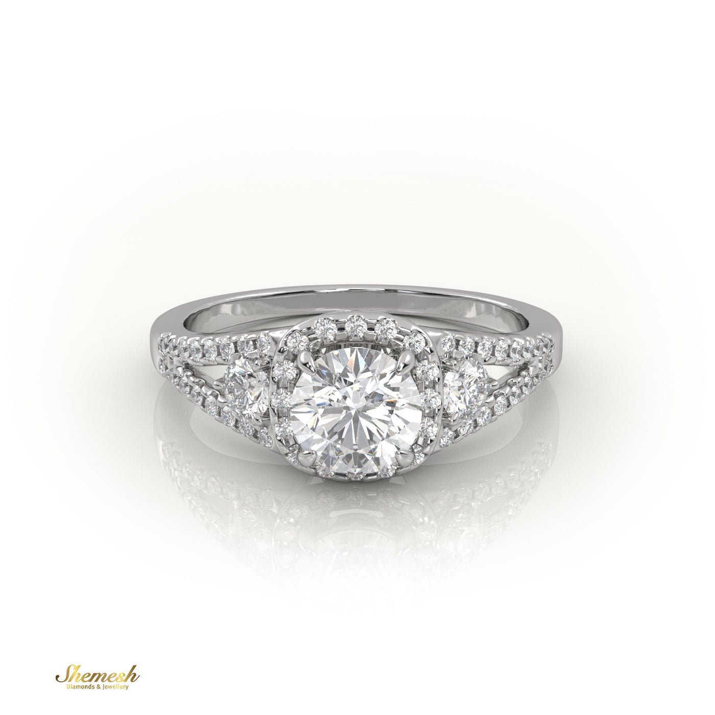 18k Gold 4 Prong Round Diamond Halo Style Engagement Ring with Side stones & Pave Set Band - shemesh_diamonds