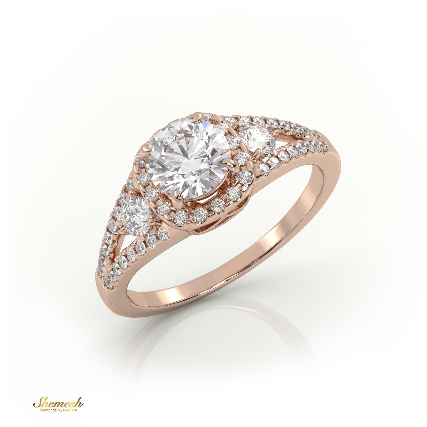 18k Gold 4 Prong Round Diamond Halo Style Engagement Ring with Side stones & Pave Set Band - shemesh_diamonds