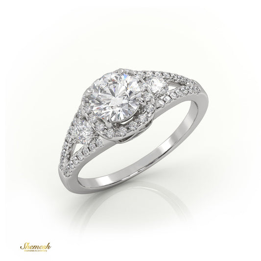 18k Gold 4 Prong Round Diamond Halo Style Engagement Ring with Side stones & Pave Set Band - shemesh_diamonds