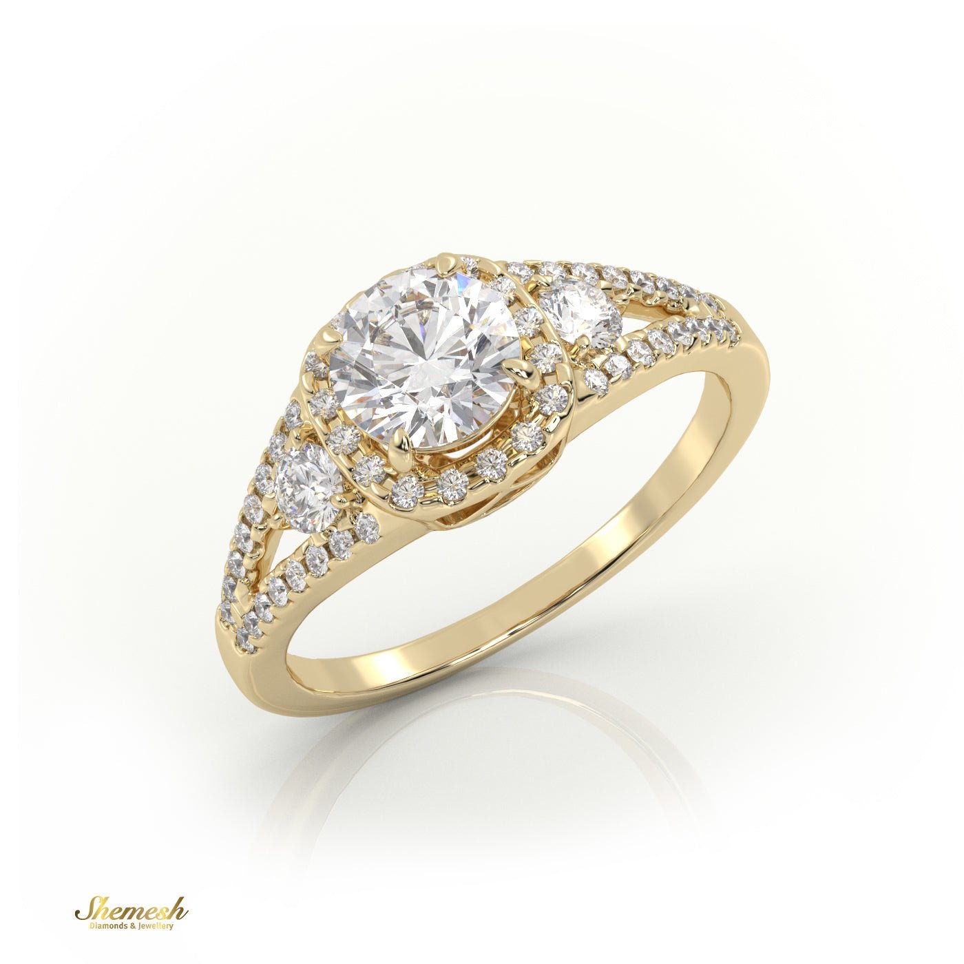 18k Gold 4 Prong Round Diamond Halo Style Engagement Ring with Side stones & Pave Set Band - shemesh_diamonds