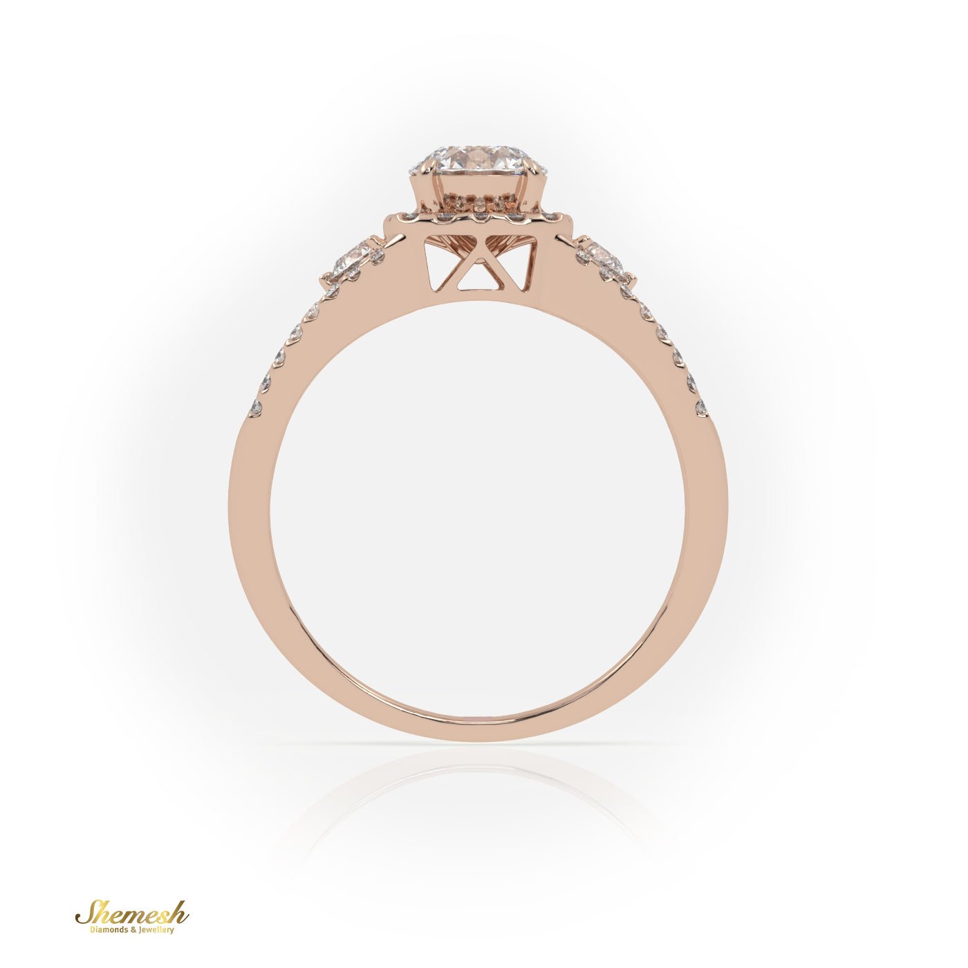 18k Gold 4 Prong Round Diamond Halo Style Engagement Ring with Side stones & Pave Set Band - shemesh_diamonds