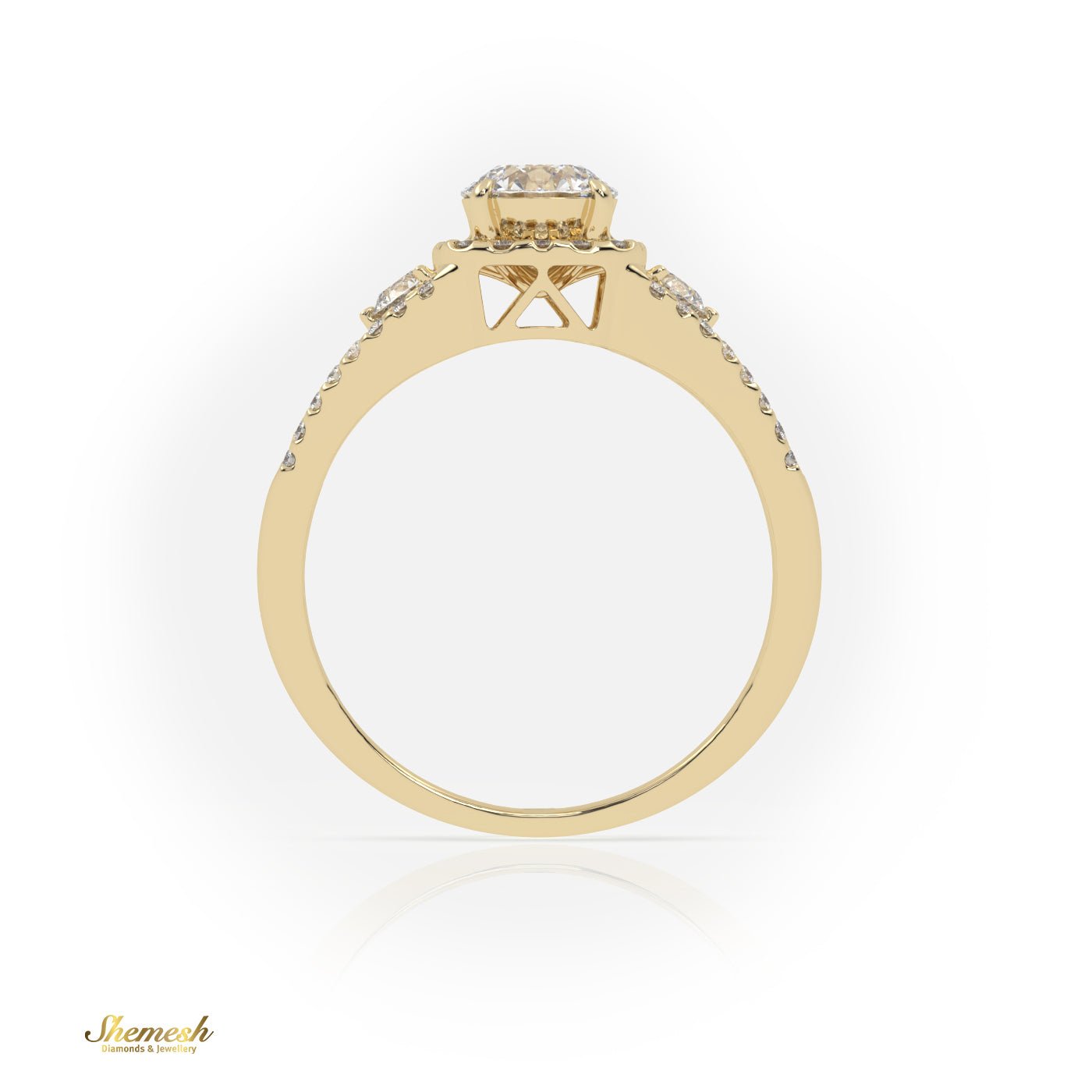 18k Gold 4 Prong Round Diamond Halo Style Engagement Ring with Side stones & Pave Set Band - shemesh_diamonds