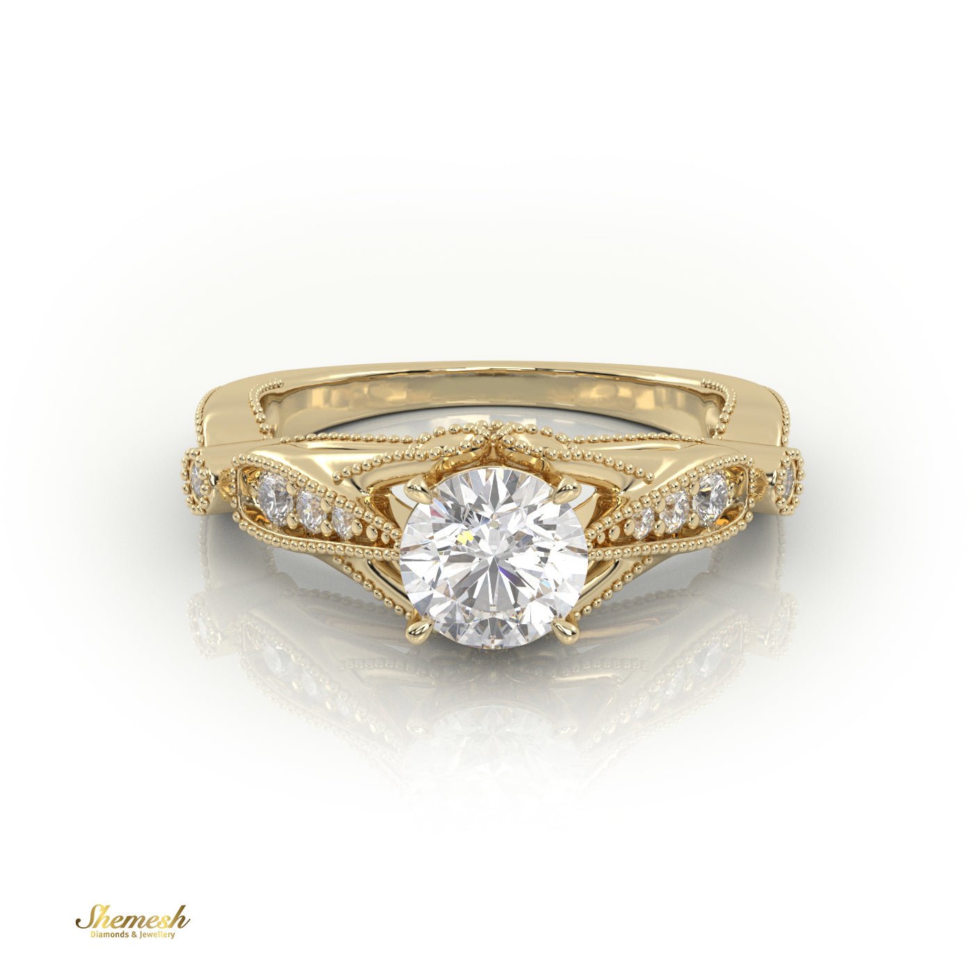 18K Gold 4 Tab Prongs Round Cut Milgrain Designer Engagement Ring with Side Stones - shemesh_diamonds