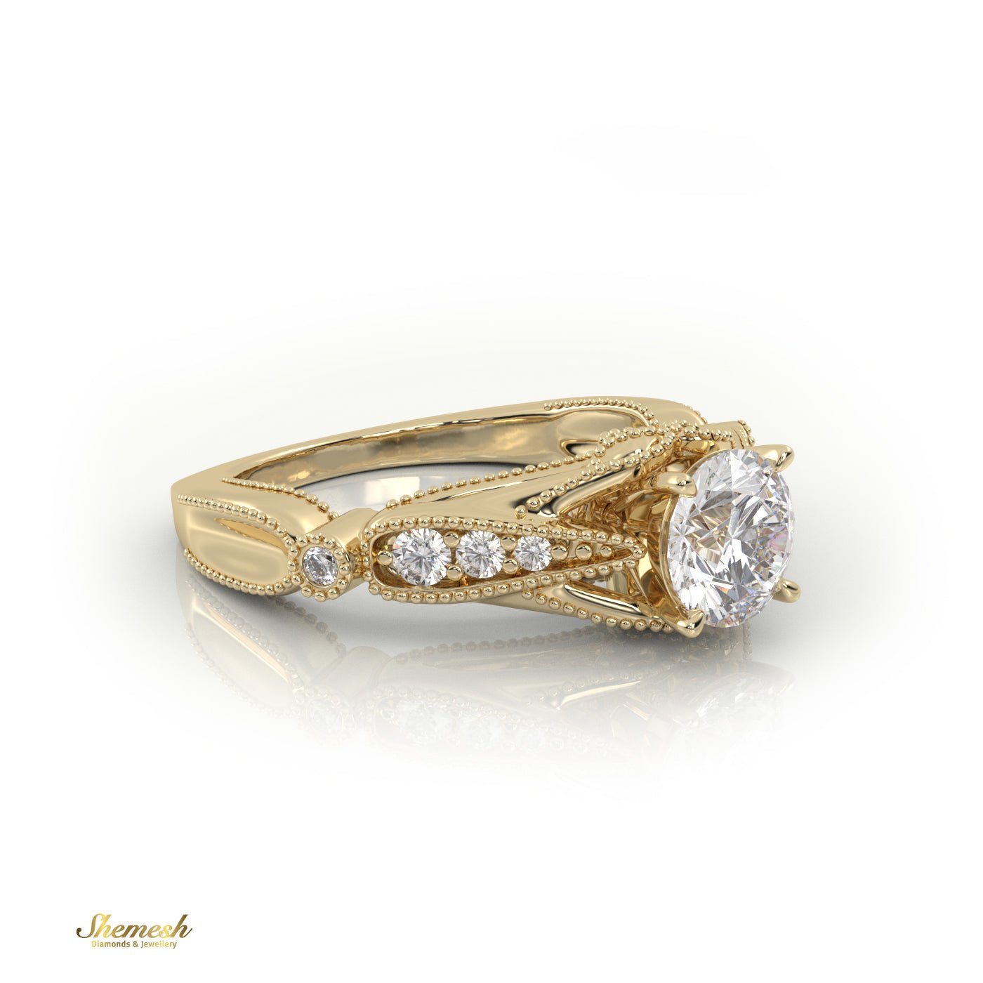 18K Gold 4 Tab Prongs Round Cut Milgrain Designer Engagement Ring with Side Stones - shemesh_diamonds