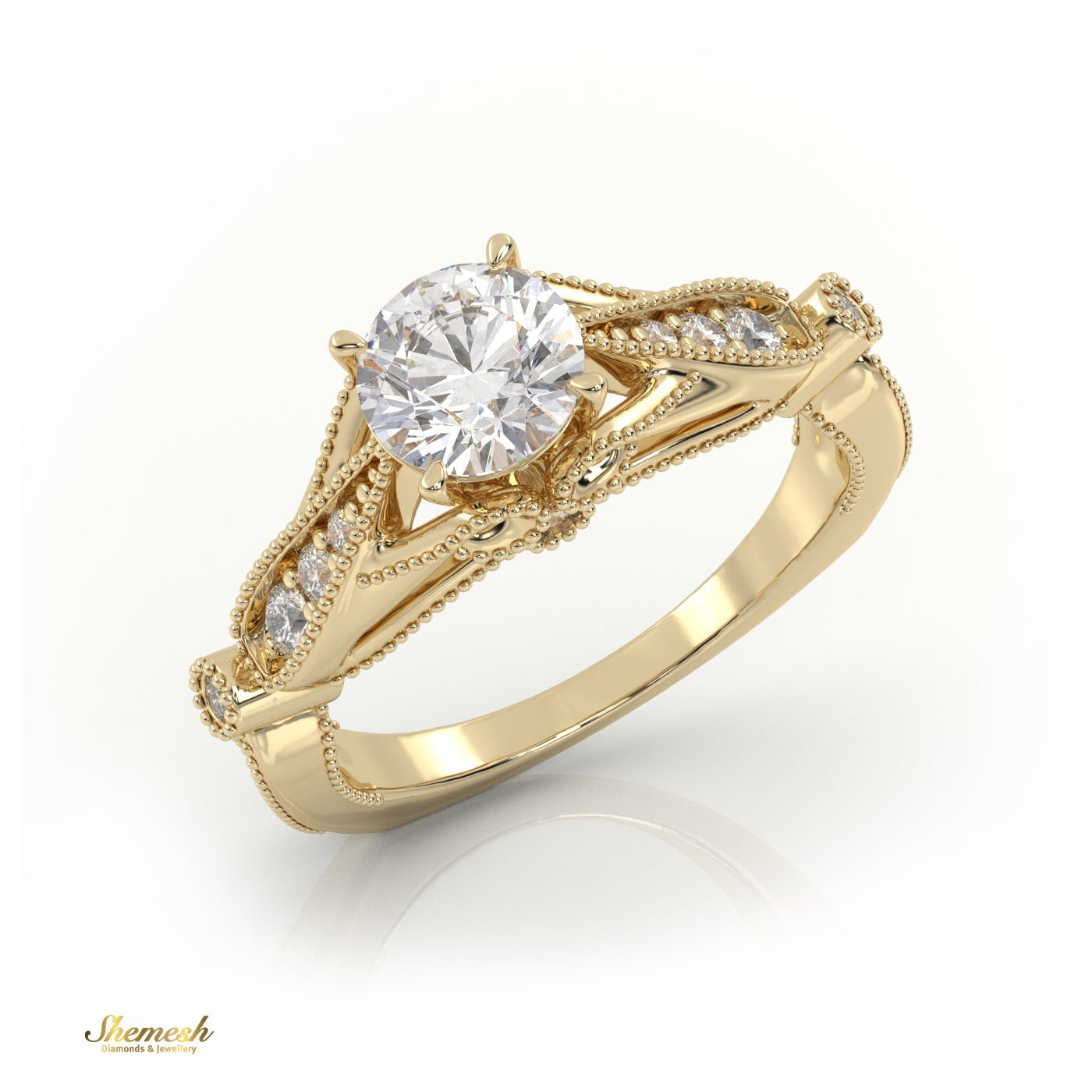 18K Gold 4 Tab Prongs Round Cut Milgrain Designer Engagement Ring with Side Stones - shemesh_diamonds