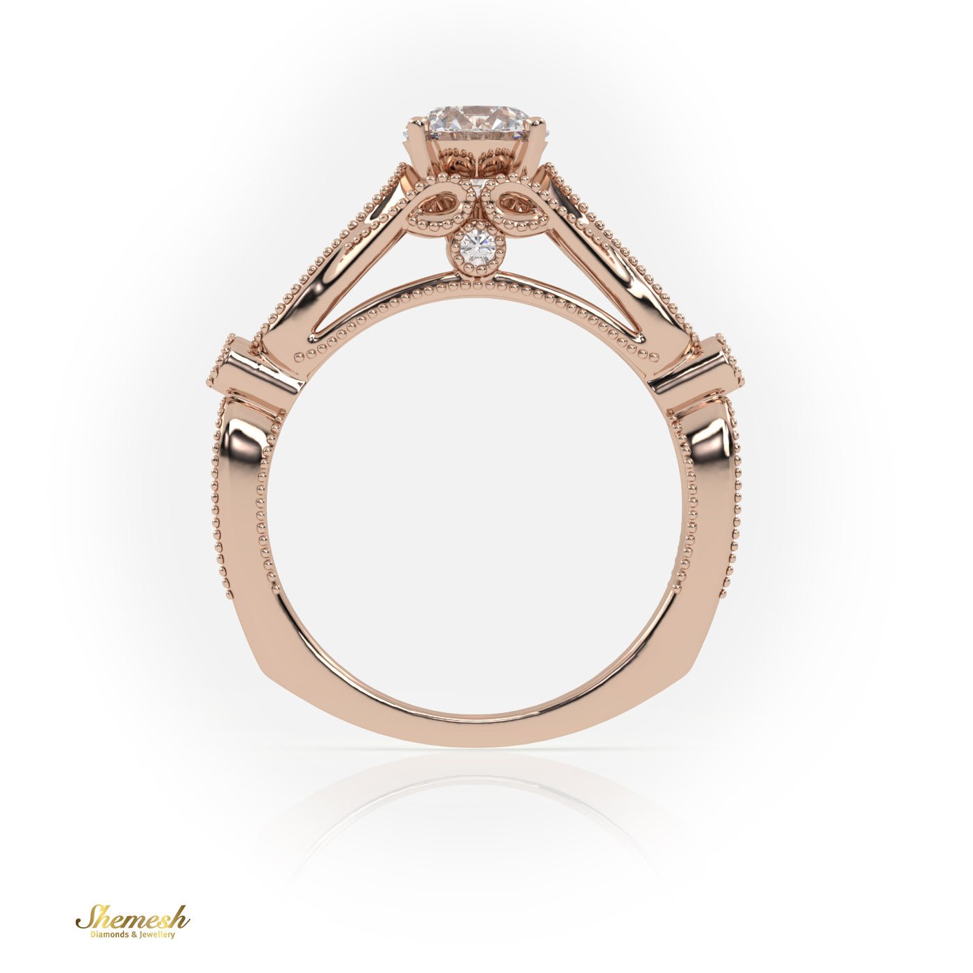 18K Gold 4 Tab Prongs Round Cut Milgrain Designer Engagement Ring with Side Stones - shemesh_diamonds