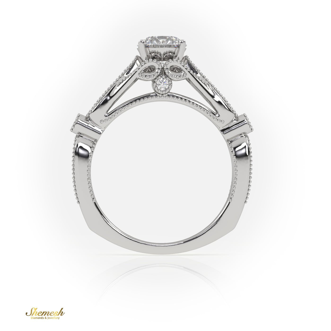 18K Gold 4 Tab Prongs Round Cut Milgrain Designer Engagement Ring with Side Stones - shemesh_diamonds