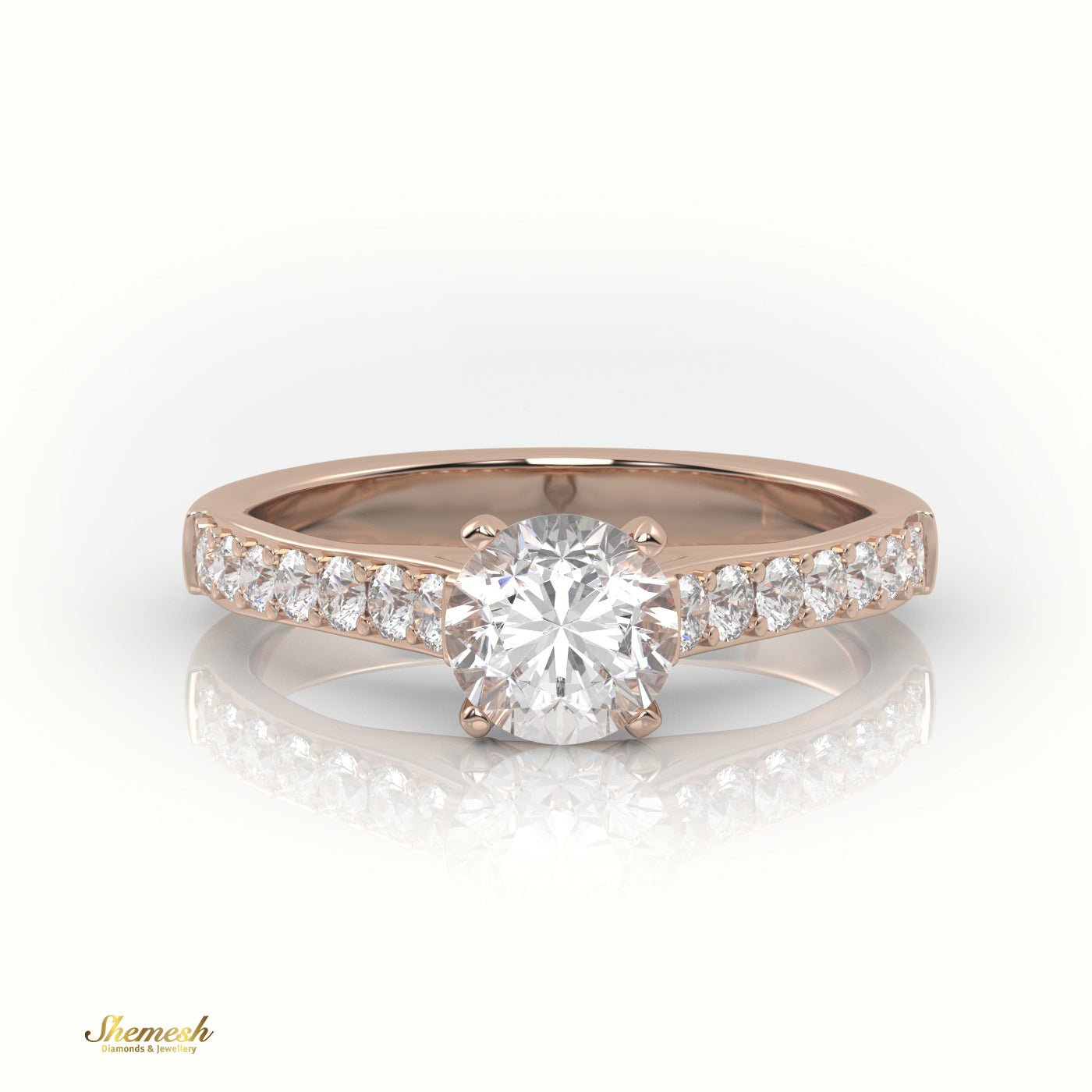 18K Gold 4 Prongs Round Diamond Solitaire Engagement Ring with Pave Band - shemesh_diamonds