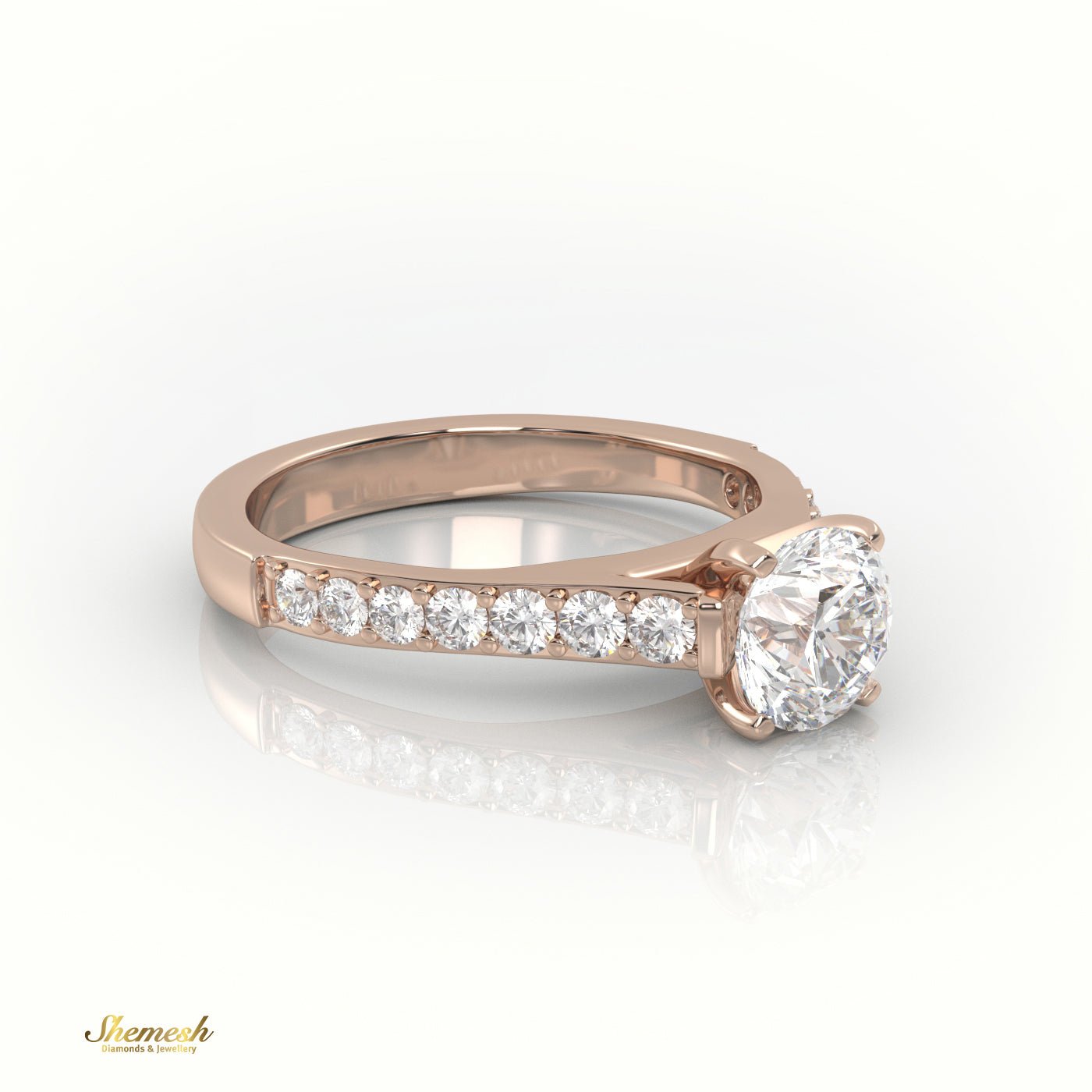 18K Gold 4 Prongs Round Diamond Solitaire Engagement Ring with Pave Band - shemesh_diamonds