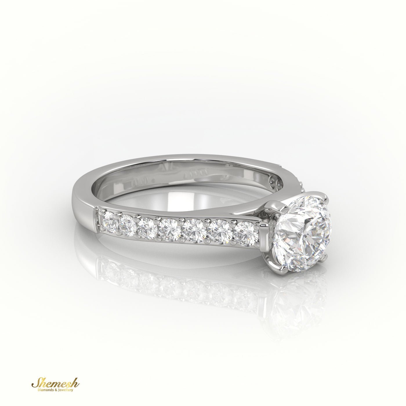 18K Gold 4 Prongs Round Diamond Solitaire Engagement Ring with Pave Band - shemesh_diamonds