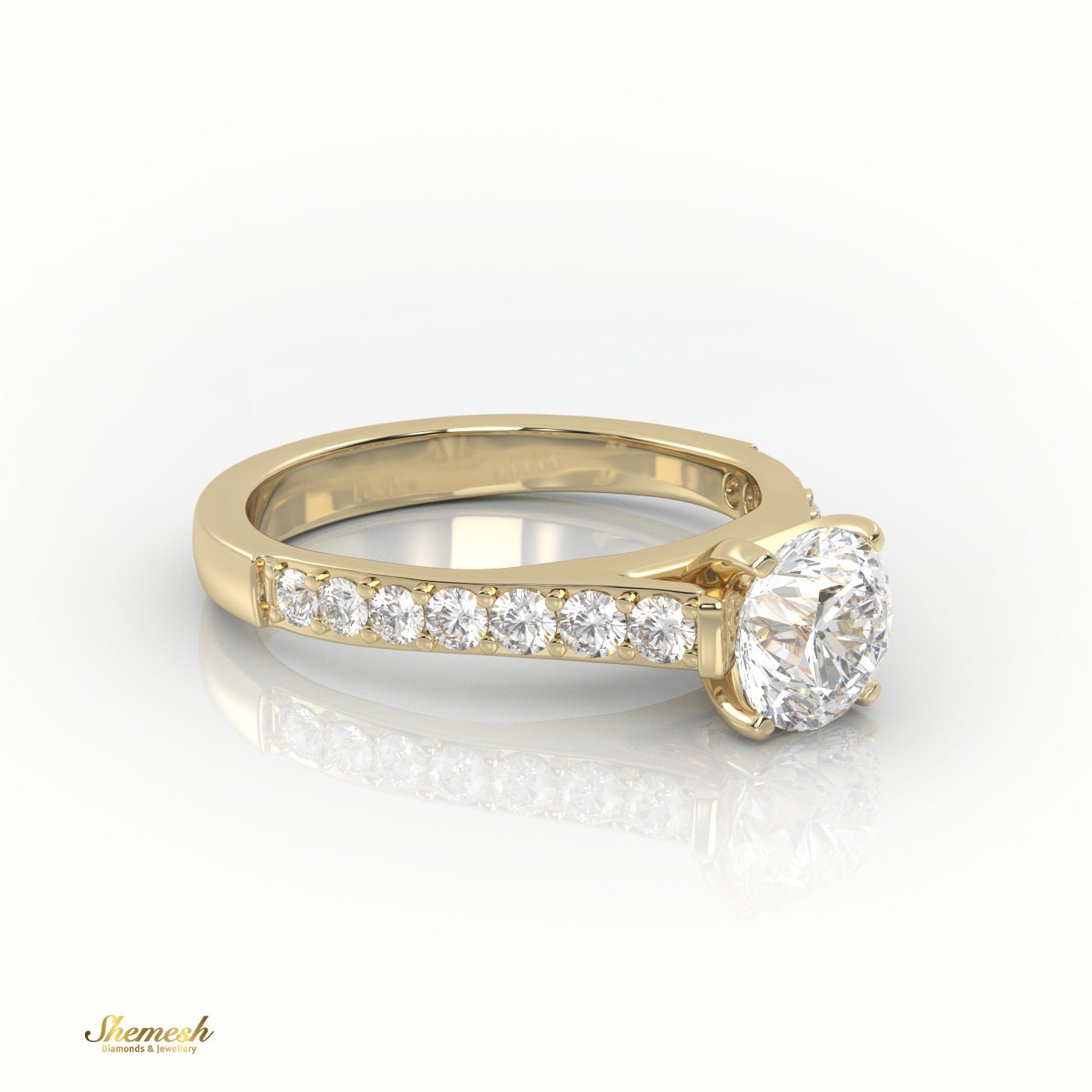 18K Gold 4 Prongs Round Diamond Solitaire Engagement Ring with Pave Set Band - shemesh_diamonds