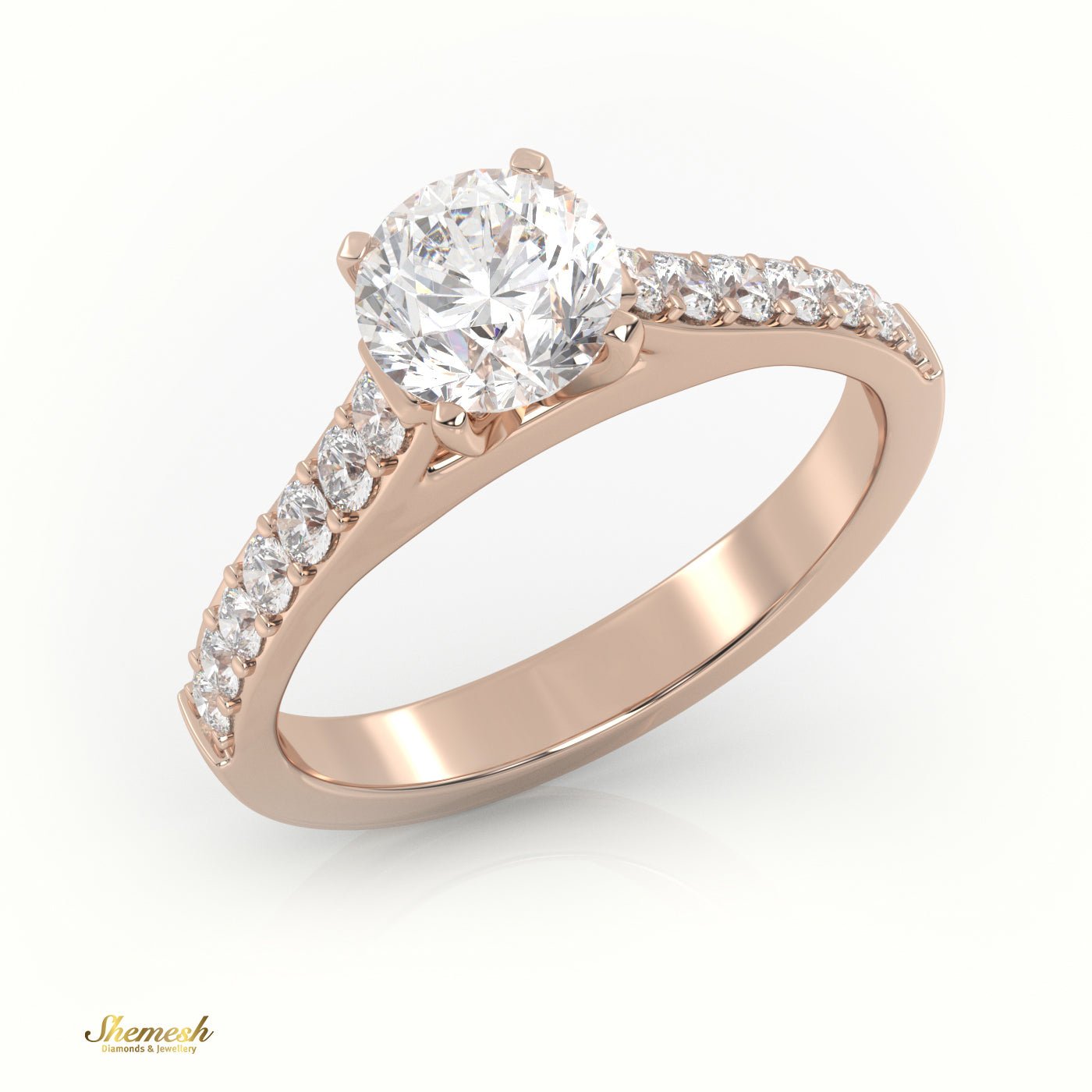 18K Gold 4 Prongs Round Diamond Solitaire Engagement Ring with Pave Band - shemesh_diamonds