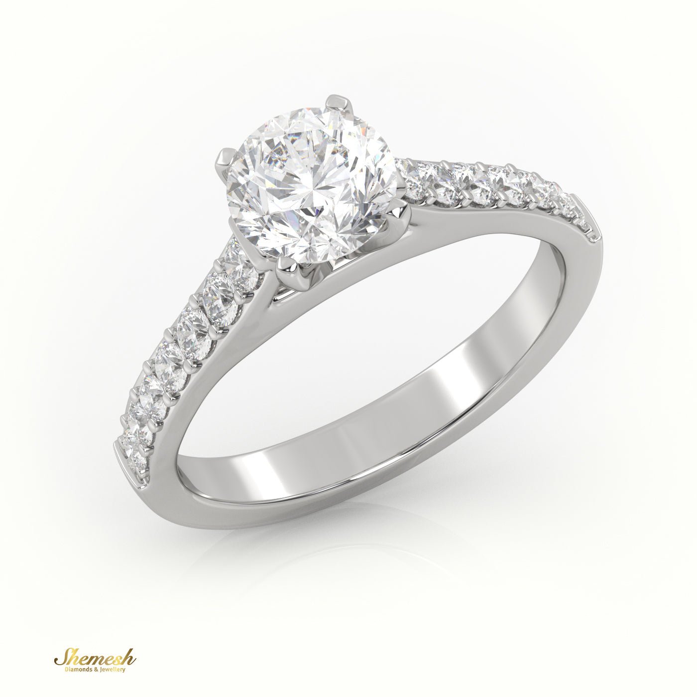 18K Gold 4 Prongs Round Diamond Solitaire Engagement Ring with Pave Band - shemesh_diamonds