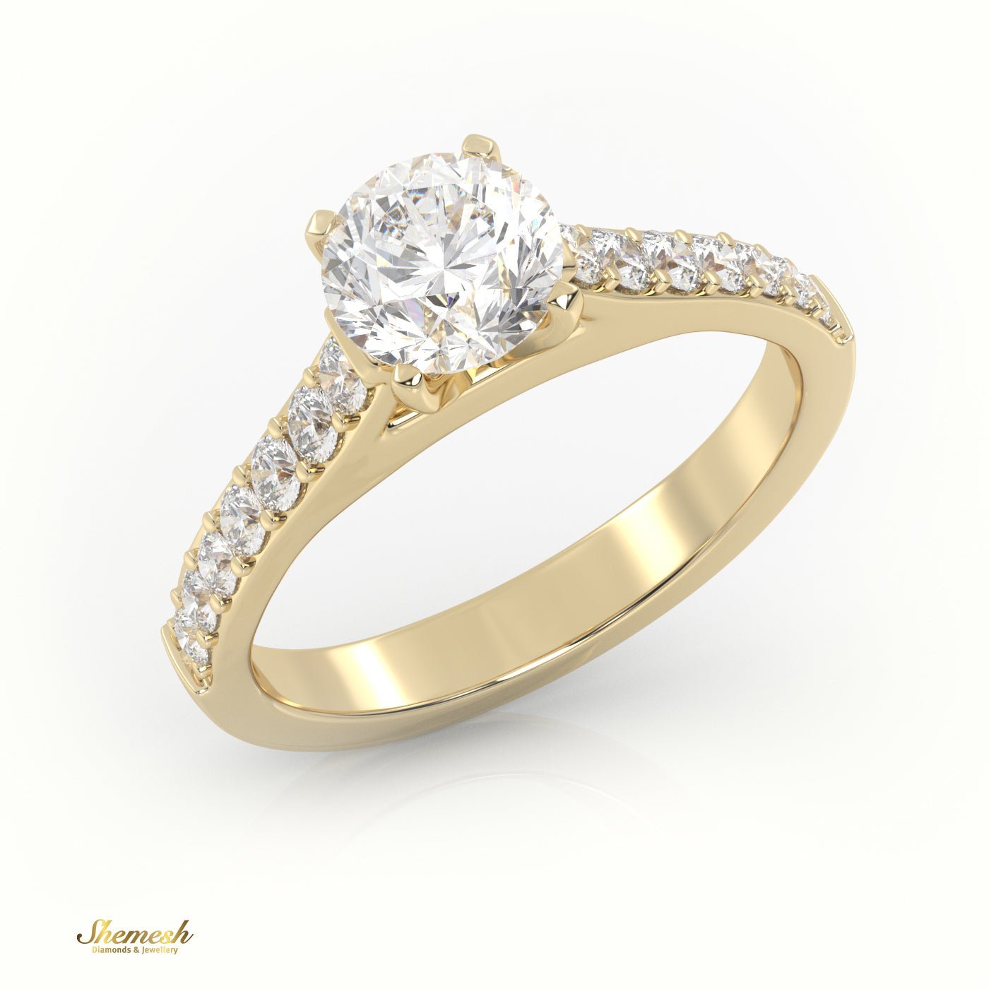 18K Gold 4 Prongs Round Diamond Solitaire Engagement Ring with Pave Set Band - shemesh_diamonds