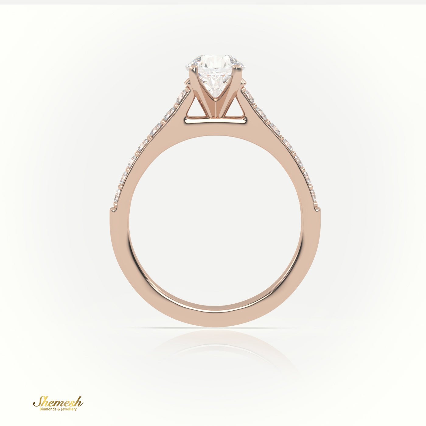 18K Gold 4 Prongs Round Diamond Solitaire Engagement Ring with Pave Band - shemesh_diamonds