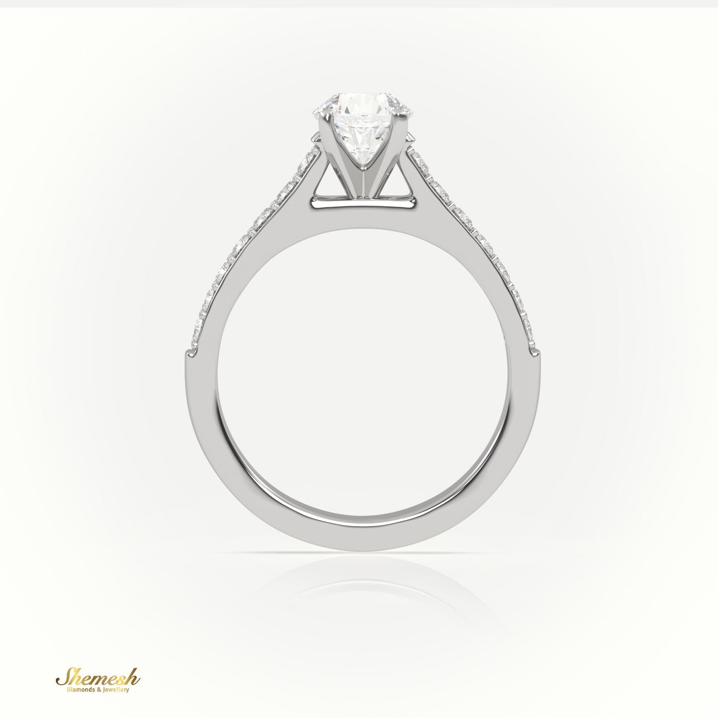 18K Gold 4 Prongs Round Diamond Solitaire Engagement Ring with Pave Band - shemesh_diamonds