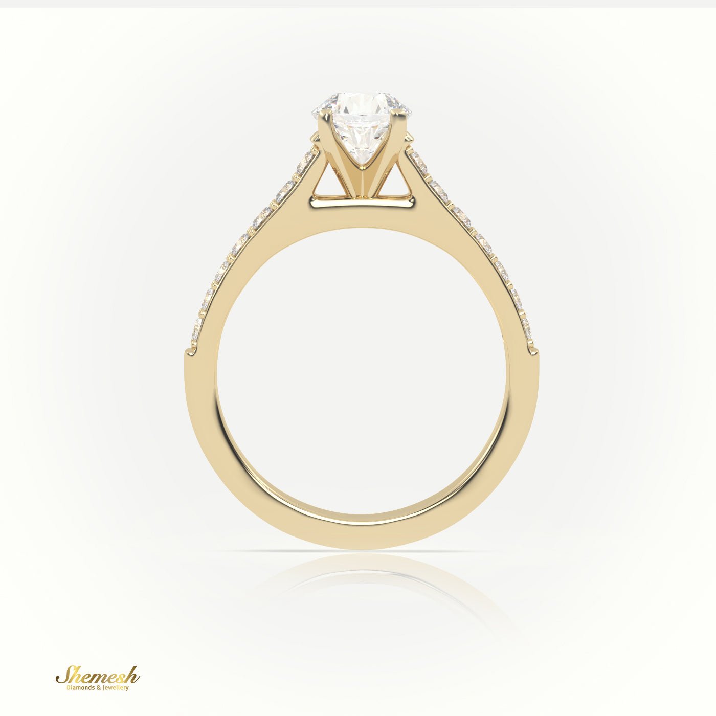 18K Gold 4 Prongs Round Diamond Solitaire Engagement Ring with Pave Set Band - shemesh_diamonds