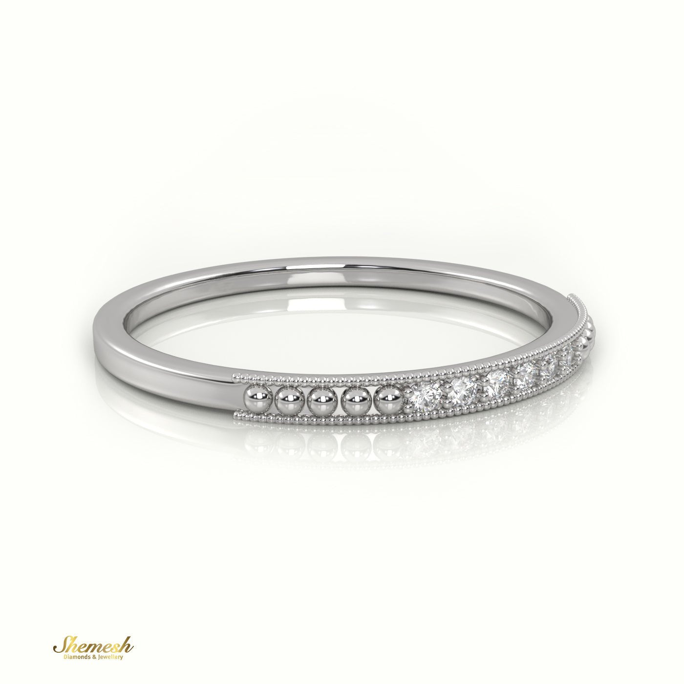 18K Gold Round Cut Diamond Milgrain Half Eternity Wedding Band - shemesh_diamonds