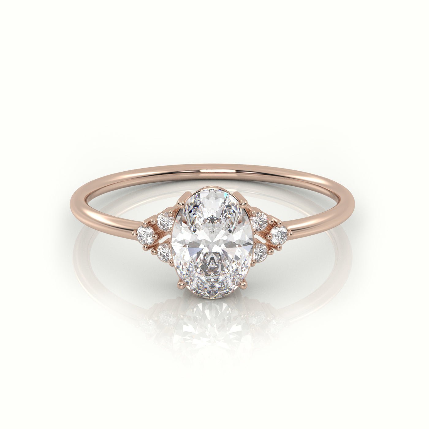 18K Gold Oval Cut Diamond Ring with 4 Prongs and Side Stones - shemesh_diamonds