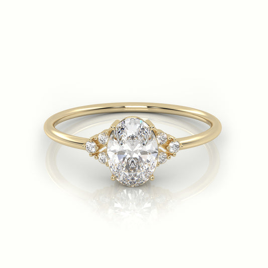 18K Gold 4 Prong Oval Cut Diamond Side Stone Designer Ring