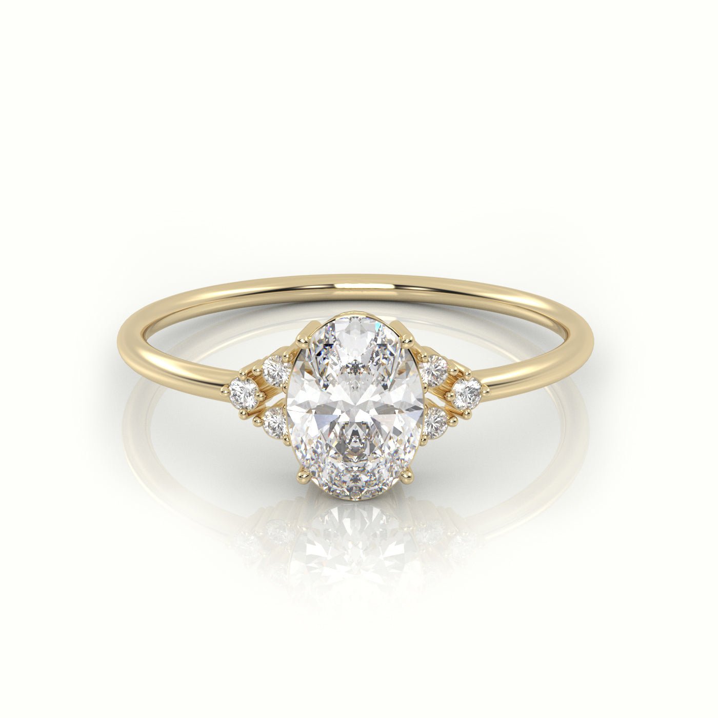 18K Gold Oval Cut Diamond Ring with 4 Prongs and Side Stones - shemesh_diamonds