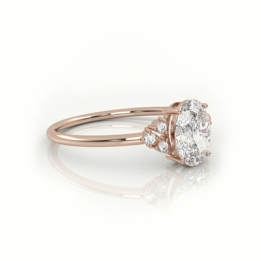 18K Gold 4 Prong Oval Cut Diamond Side Stone Designer Ring