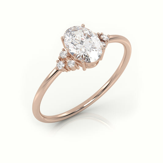 18K Gold 4 Prong Oval Cut Diamond Side Stone Designer Ring