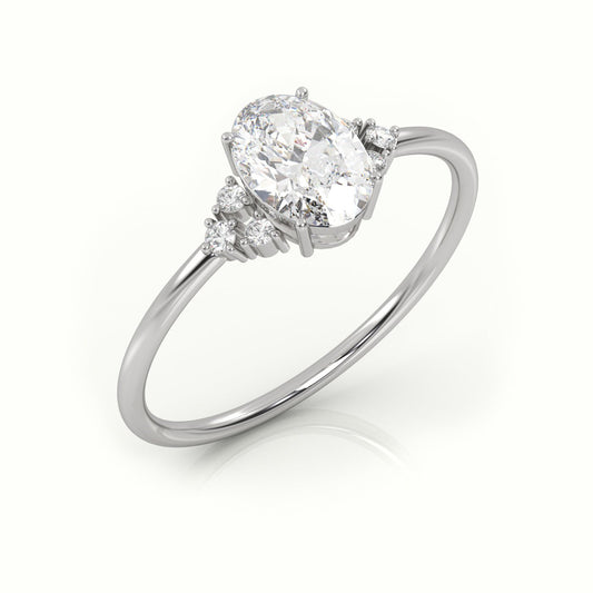 18K Gold Oval Cut Diamond Ring with 4 Prongs and Side Stones - shemesh_diamonds