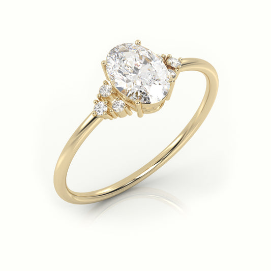 18K Gold 4 Prong Oval Cut Diamond Side Stone Designer Ring